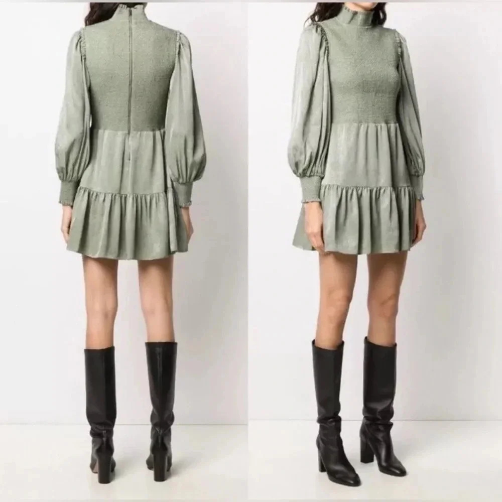 Alice + Olivia  Size 4 Sage Green Smocked Tiered Elvira Dress